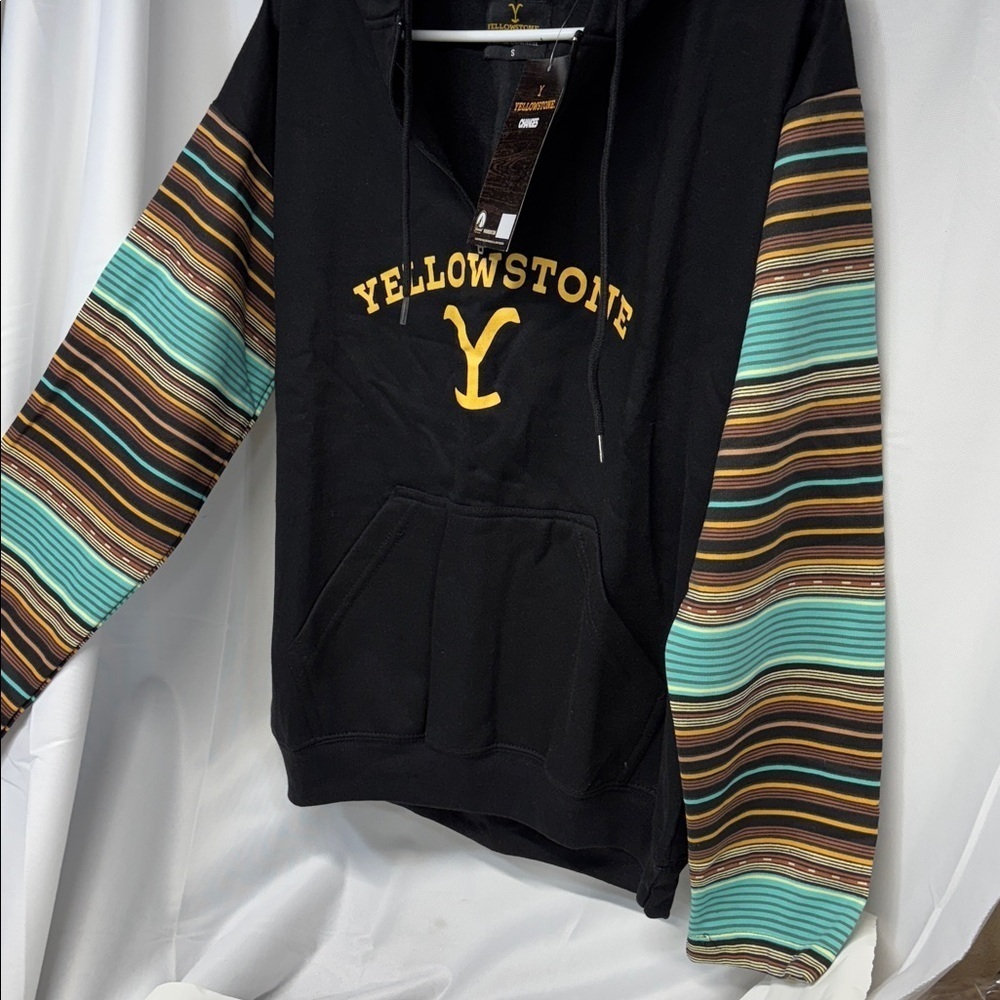 Yellowstone Black mid zip up Hoodie with Striped long Sleeves small - Picture 10 of 11